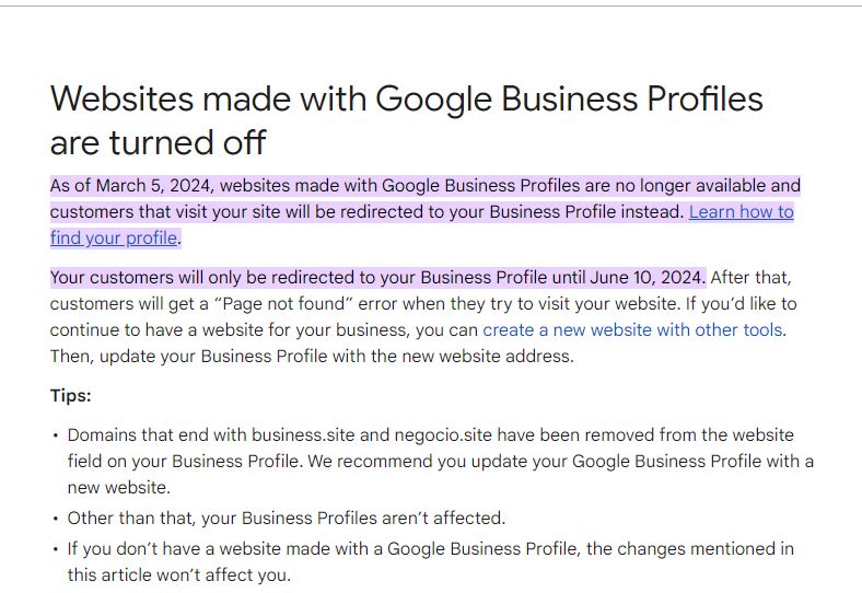 Websites made with Google Business Profiles are turned off